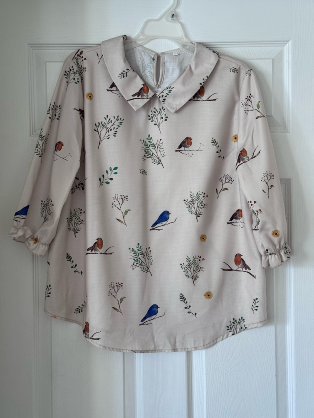 Cream Bird Print Peter Pan Collar Blouse